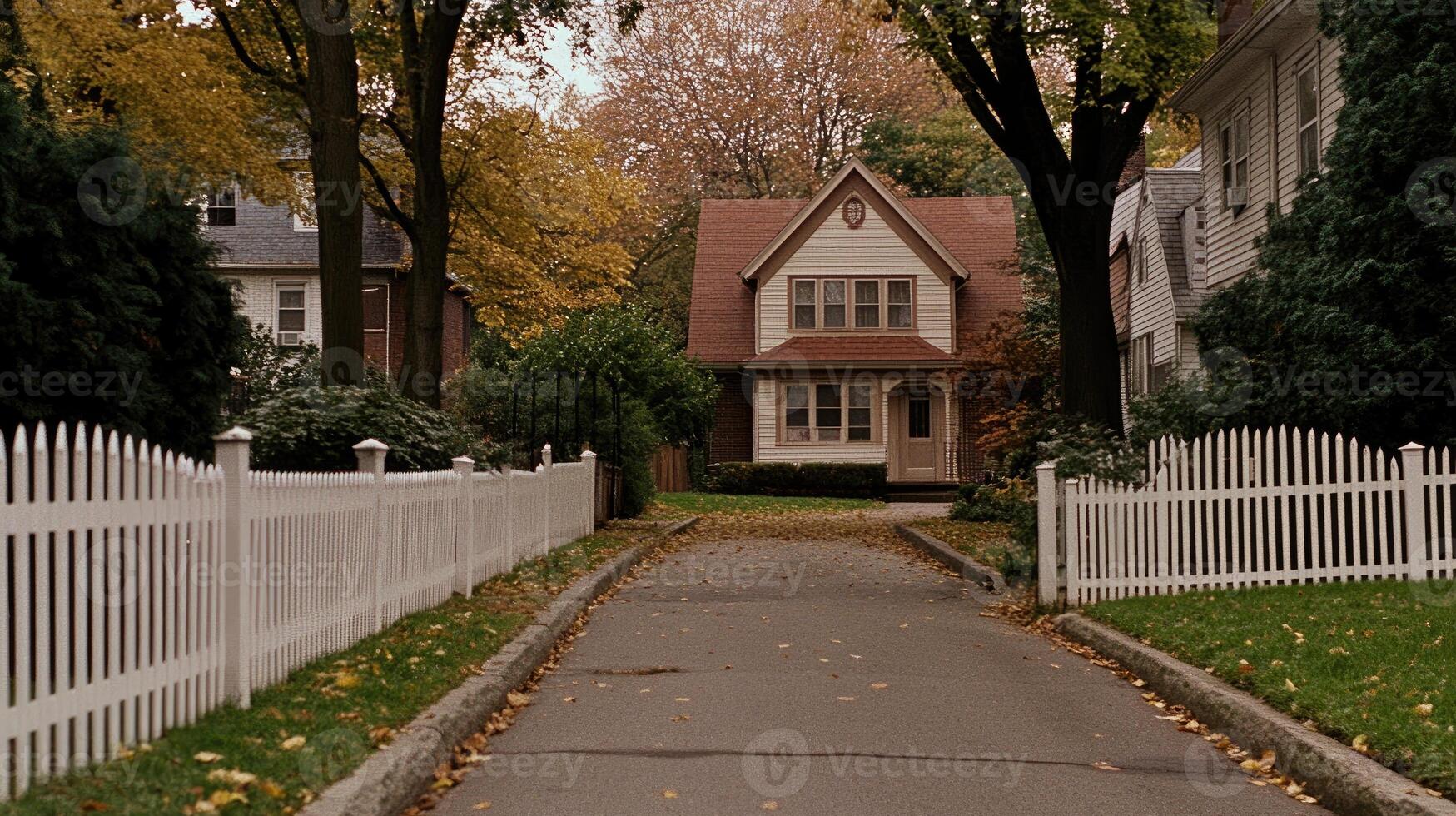A white picket fence is in front of a house photo