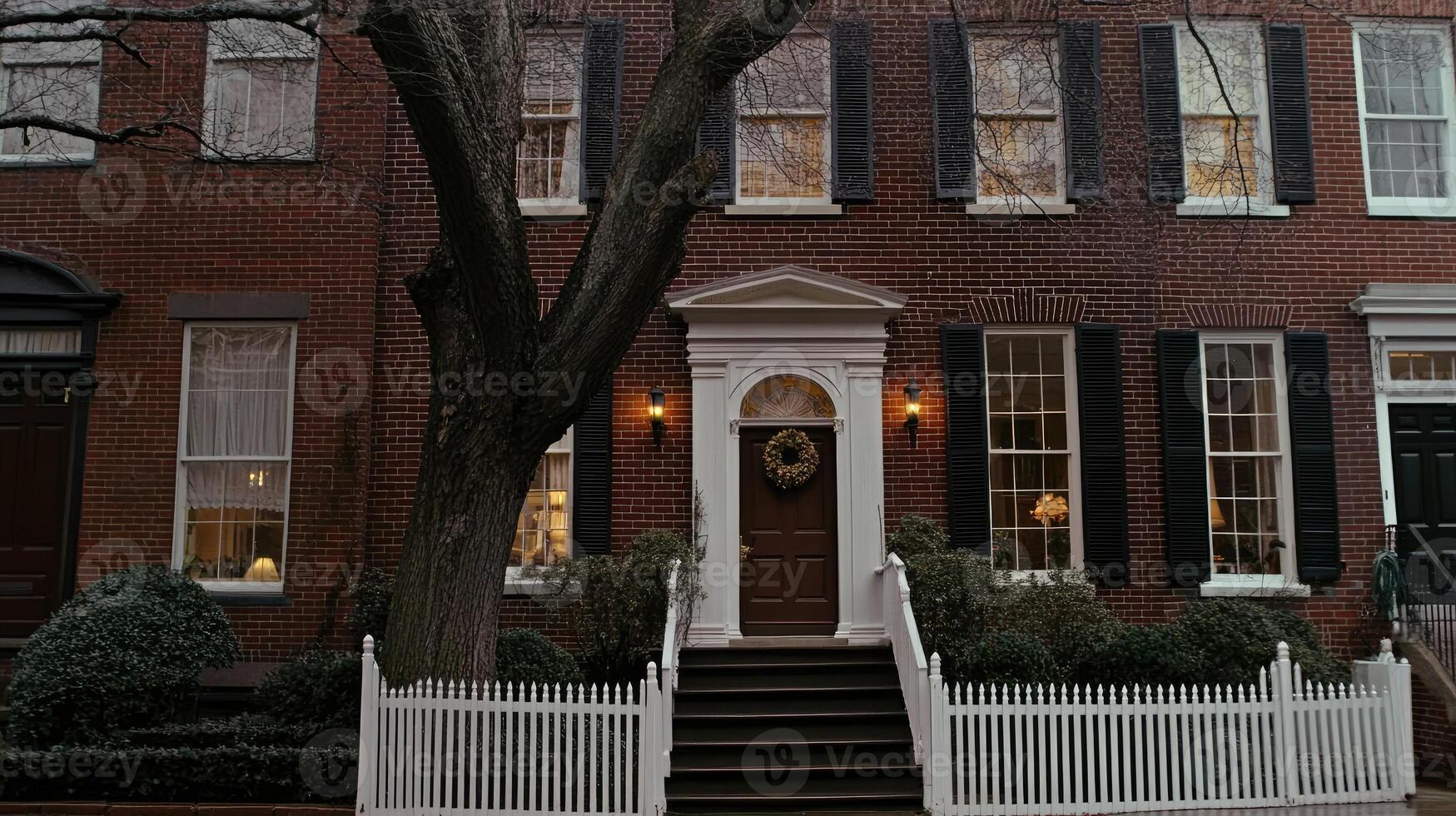A red brick house with white picket fence and a white door photo