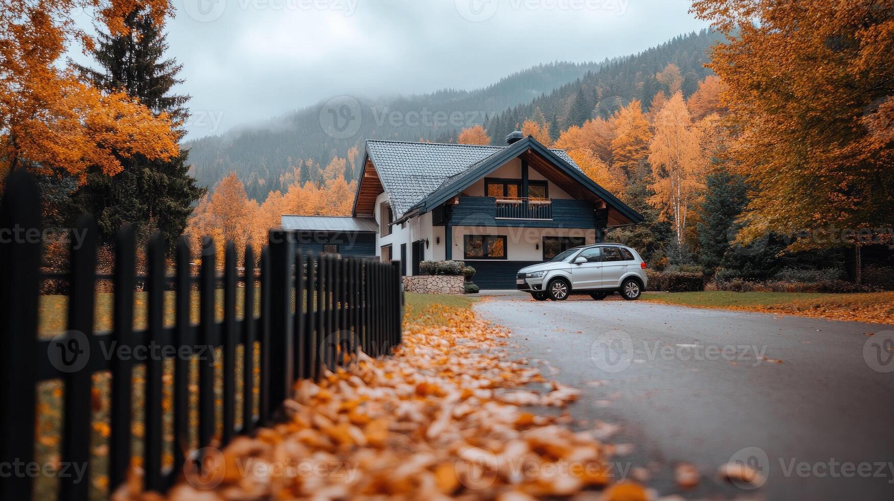 Autumn leaves on the road in front of a house photo