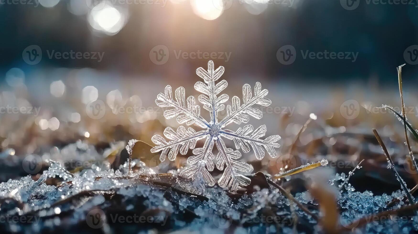 A snowflake sits on the ground in the sun photo