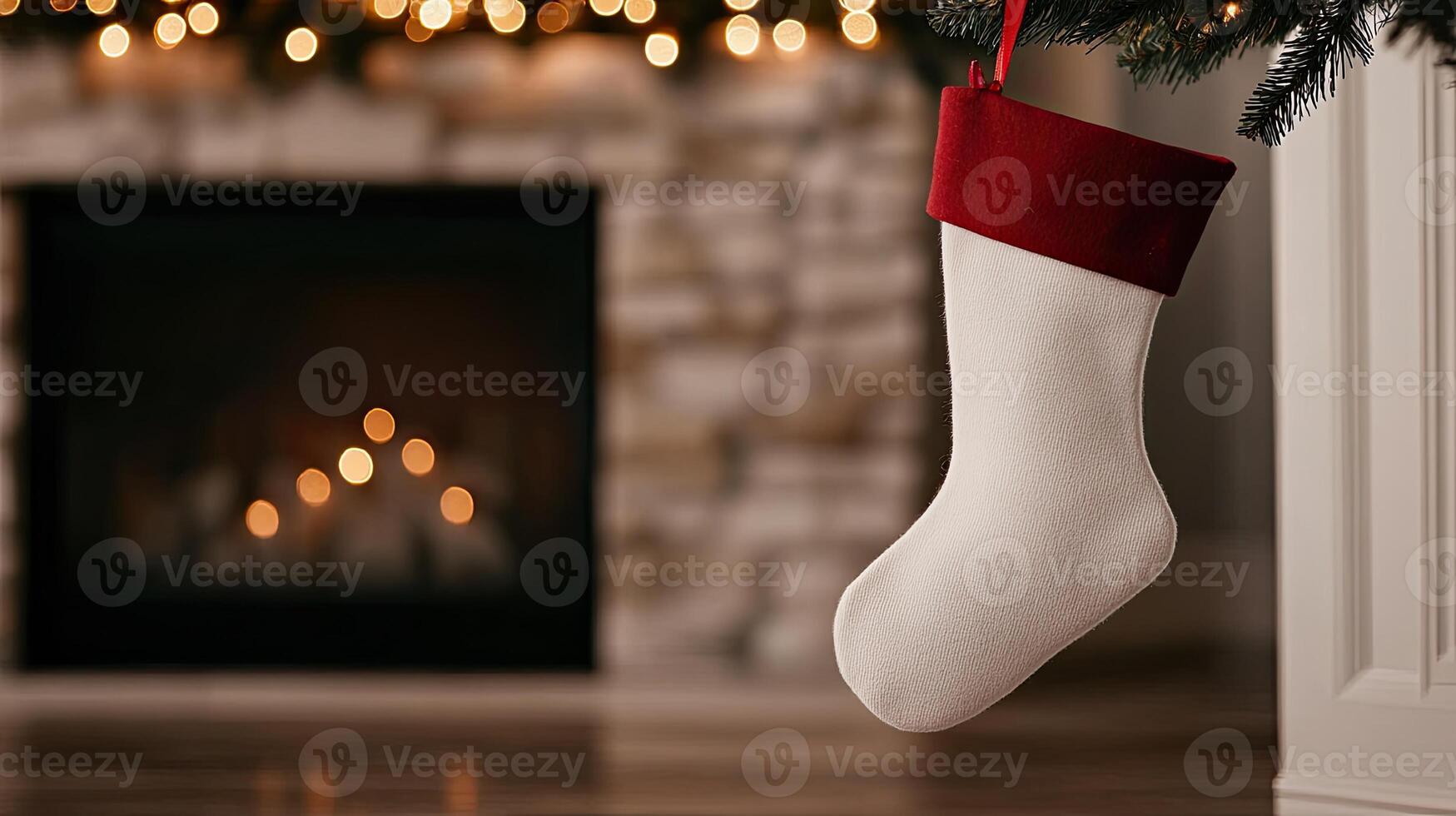 A christmas stocking hanging from a fireplace photo