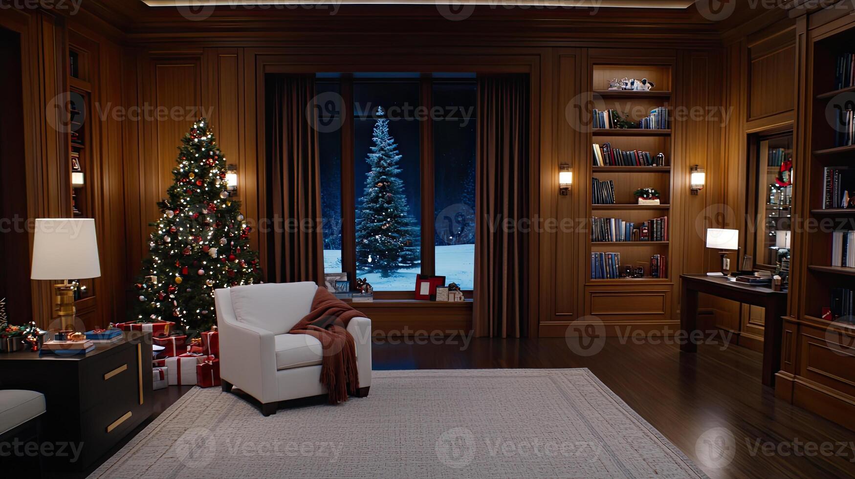 A living room with a christmas tree and a chair photo