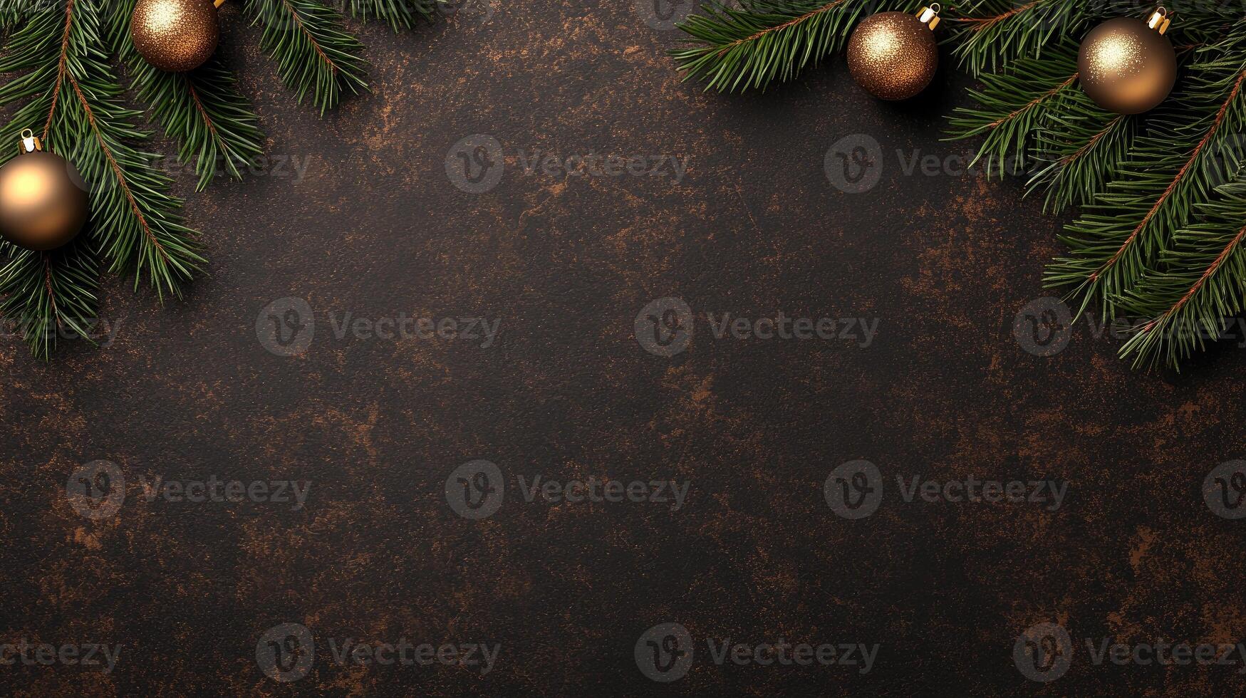 Christmas background with fir branches and golden balls on a dark background photo