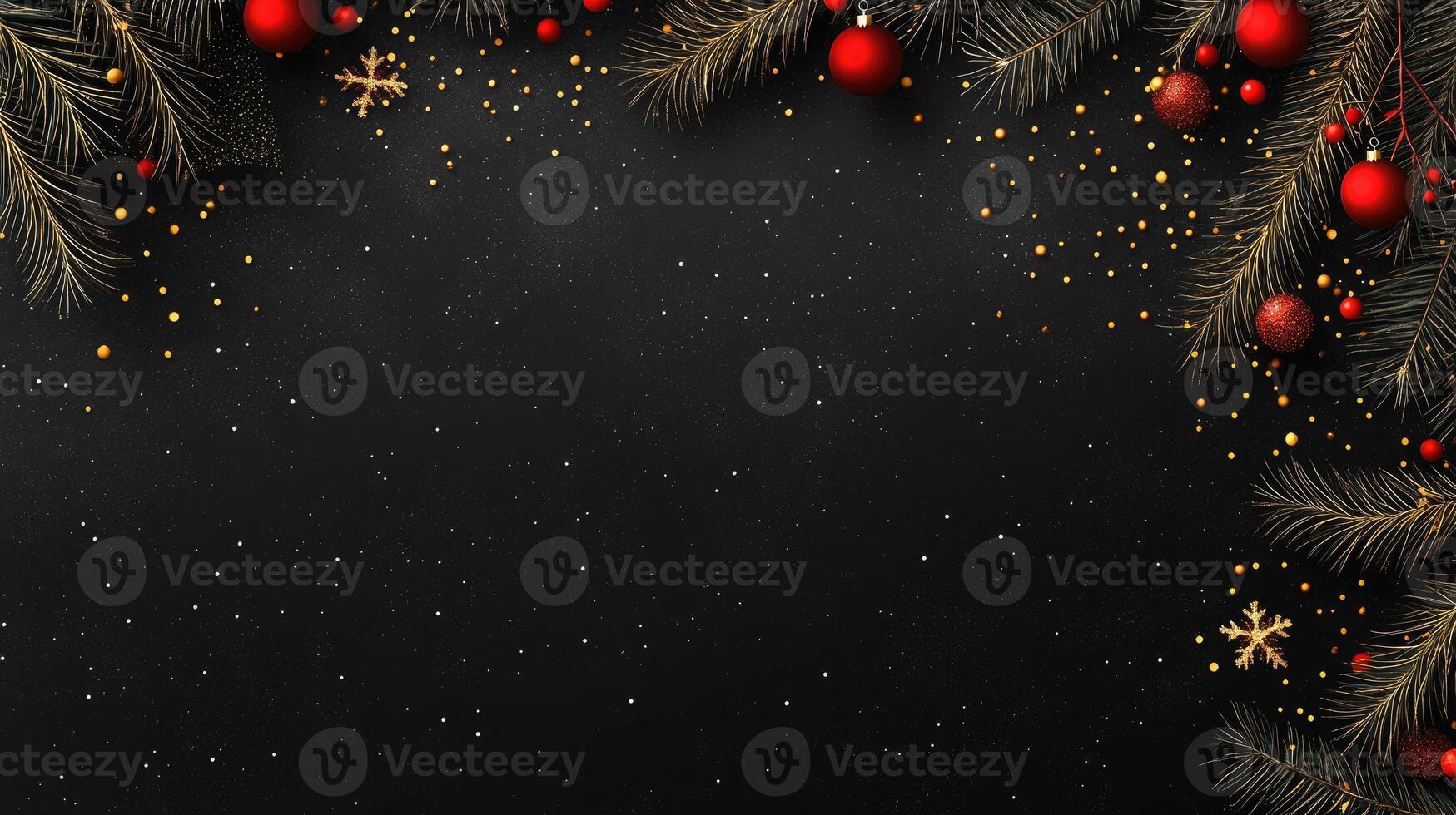Christmas background with fir branches and red balls on black background photo