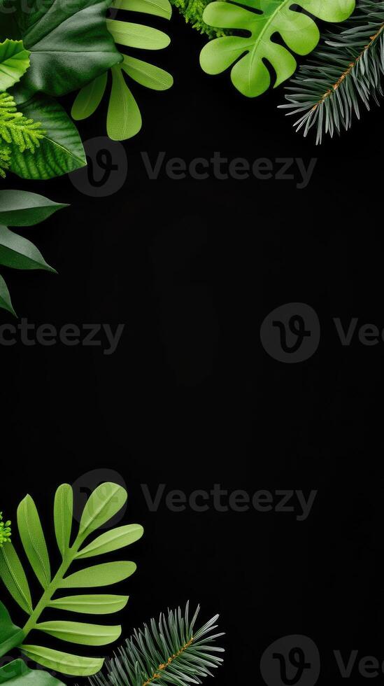 Green leaves and plants on black background photo