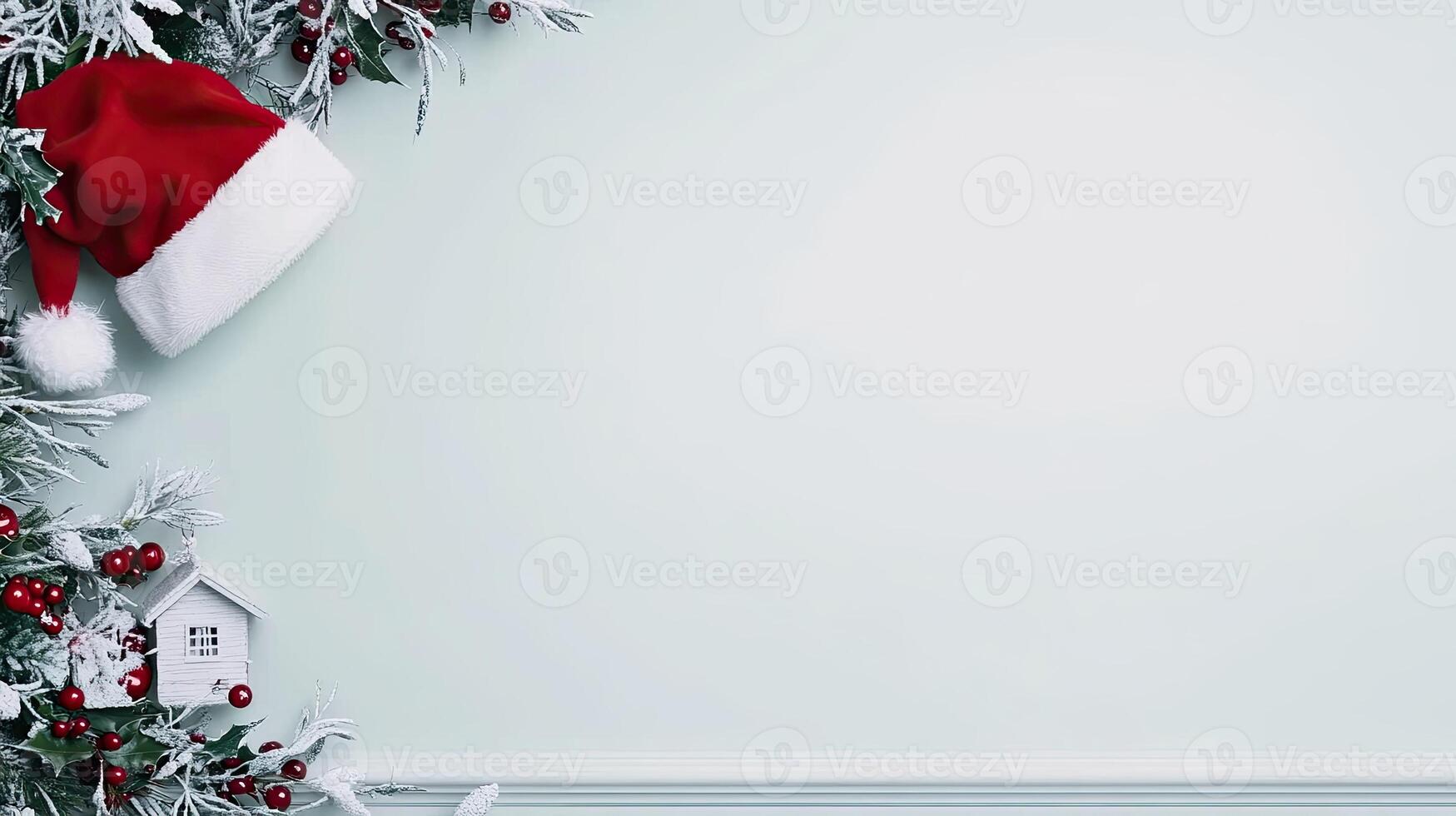 Christmas wreath with santa hat and christmas tree photo