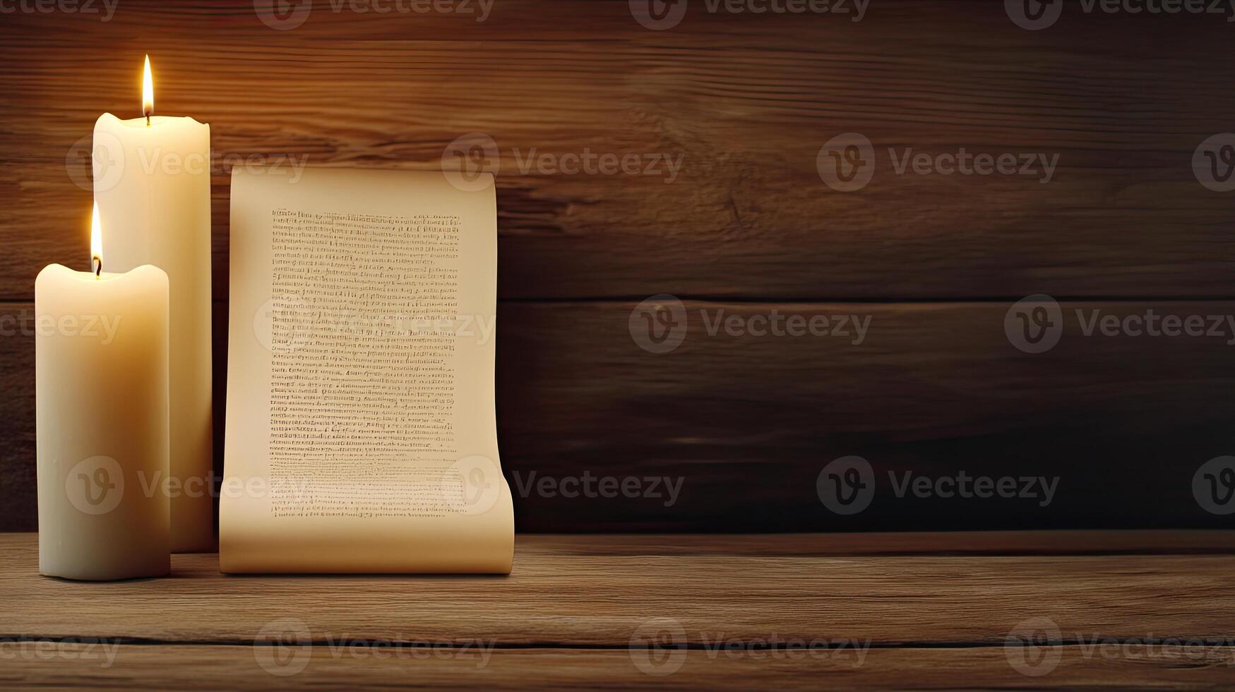 Two candles and a book on a wooden table photo