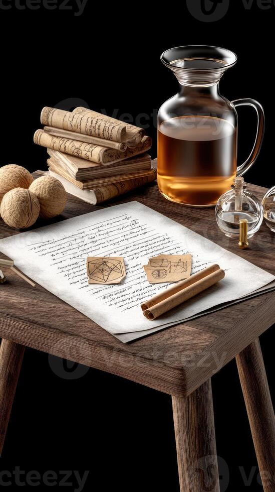 A table with a glass of wine, a jar of nuts and a piece of paper photo