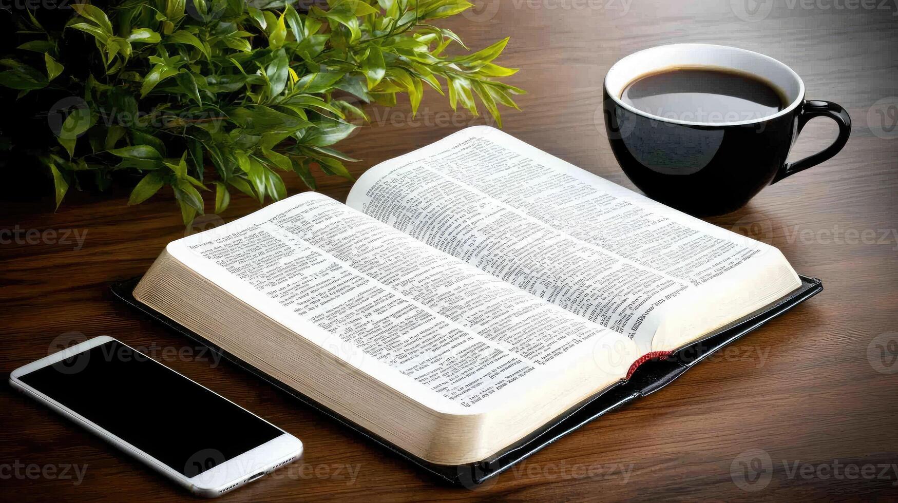 An open bible, coffee and smartphone on a wooden table photo