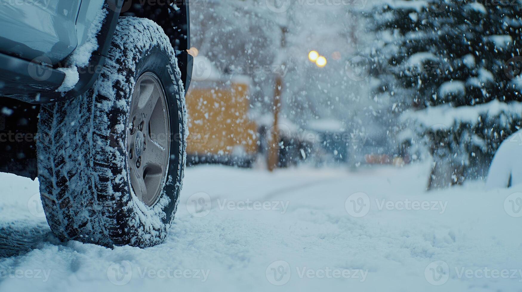 A car is shown in the snow with its tire photo