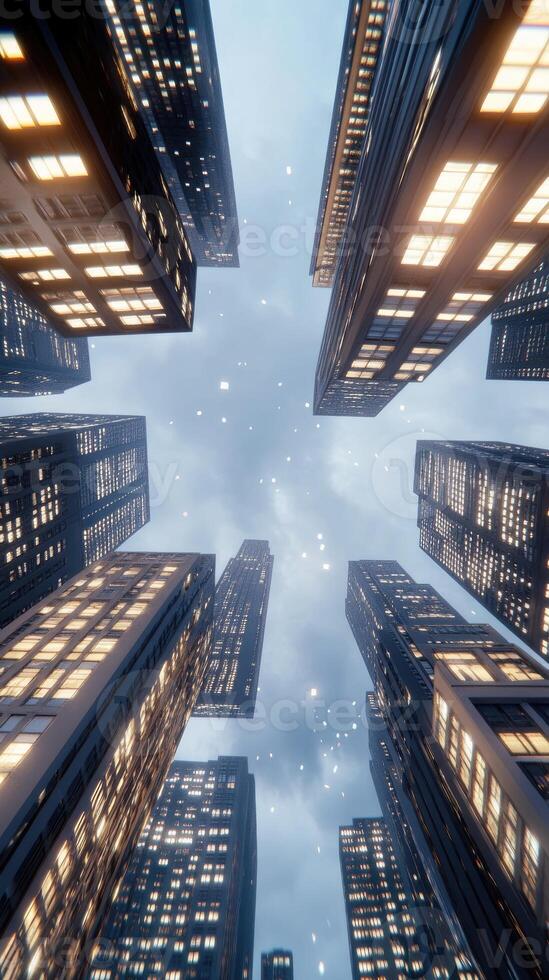 A view of tall buildings in the city at night photo