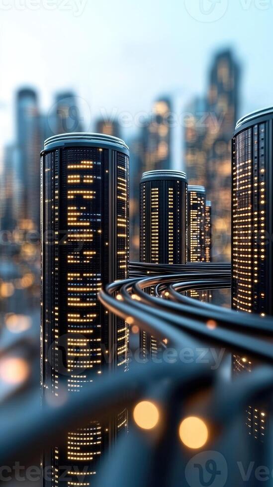 A city with tall buildings and traffic lights photo
