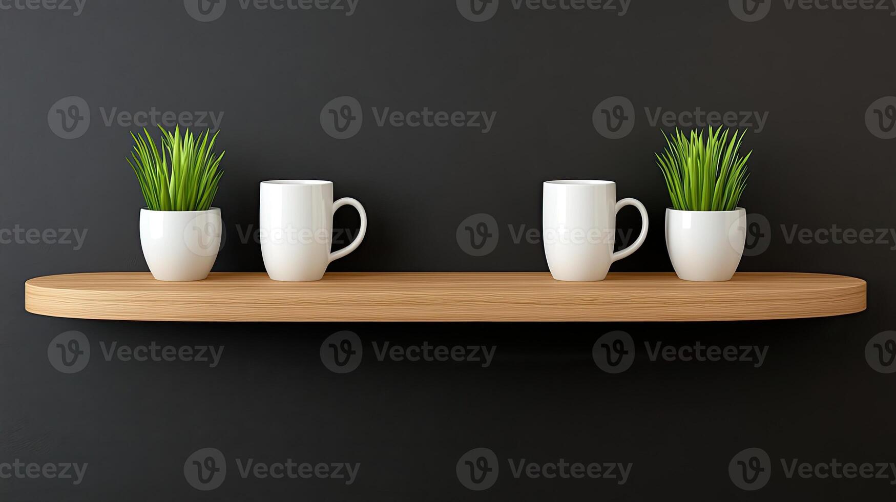 Two white mugs on a wooden shelf with grass photo