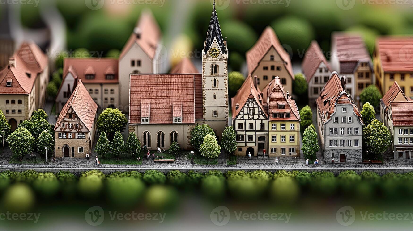 A miniature town with a church and a tower photo