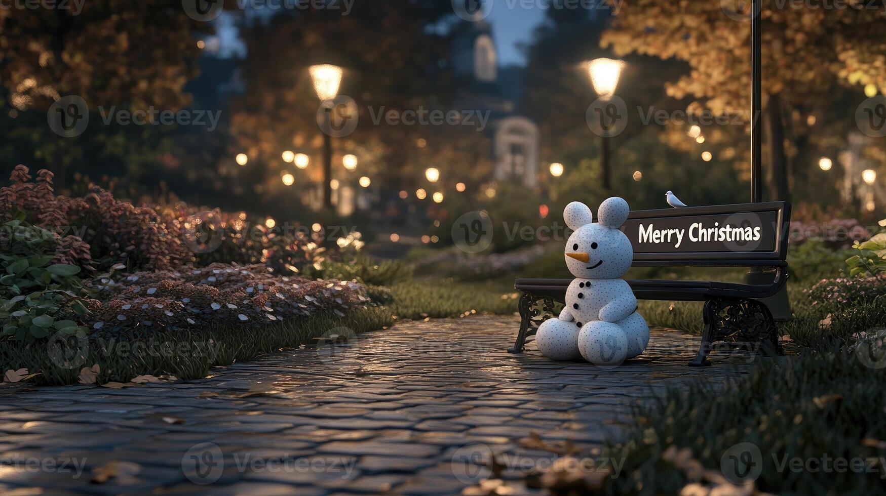 A white rabbit sitting on a bench with a sign that says merry christmas photo