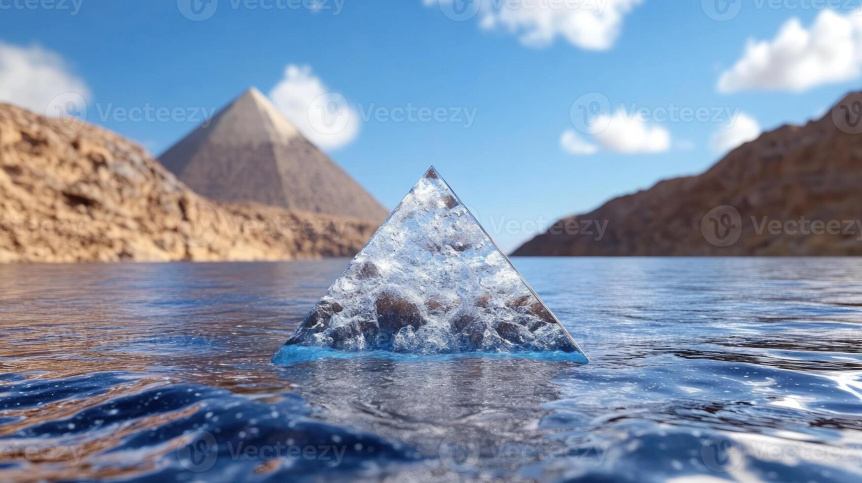 A pyramid floating in water with a pyramid in the background photo