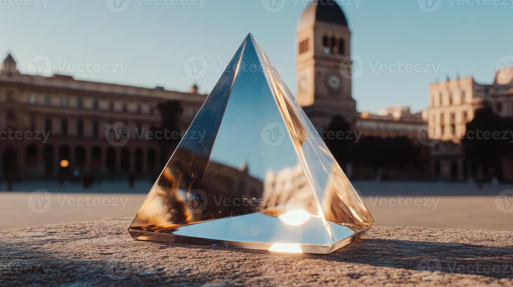 A glass pyramid sitting on a stone ledge photo