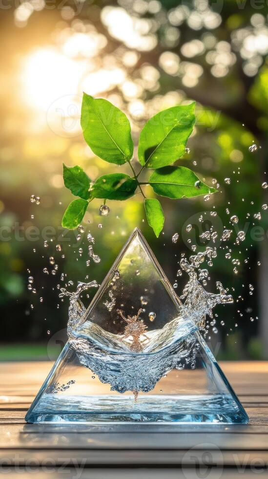 Water and green leaf in pyramid shape on wooden table photo