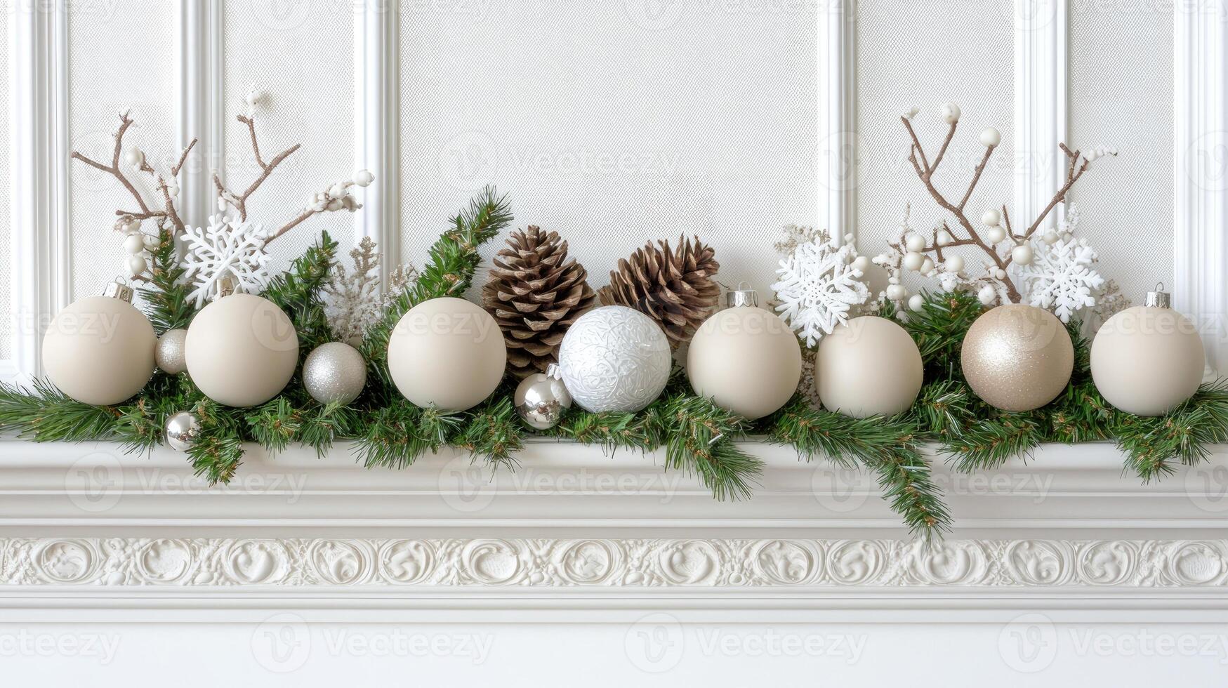 A mantle with white eggs, pine cones and evergreen branches photo