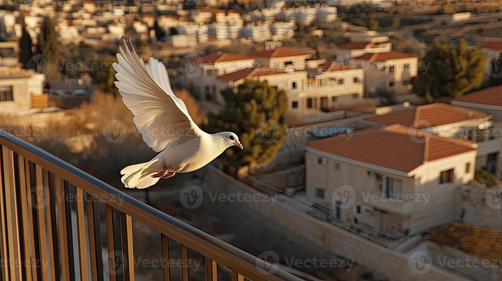 A white dove flying over a city photo