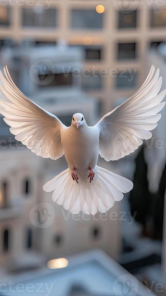 A white dove flying over a city photo