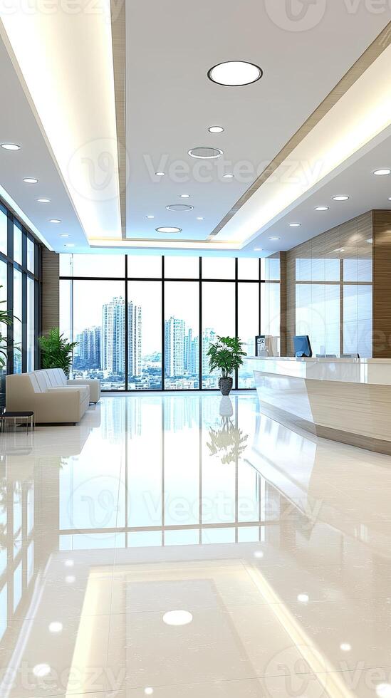 A modern office lobby with a reception desk photo
