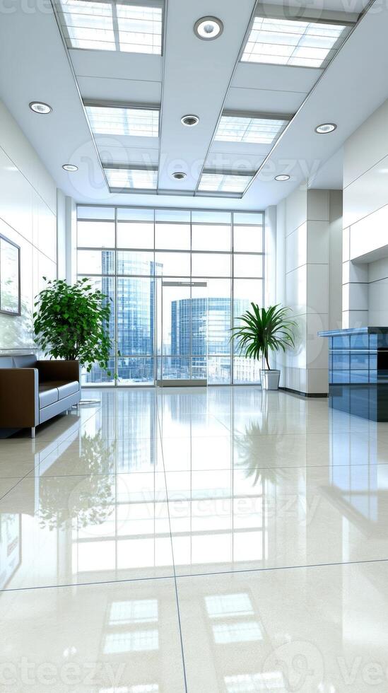 A large white office lobby with a large window photo