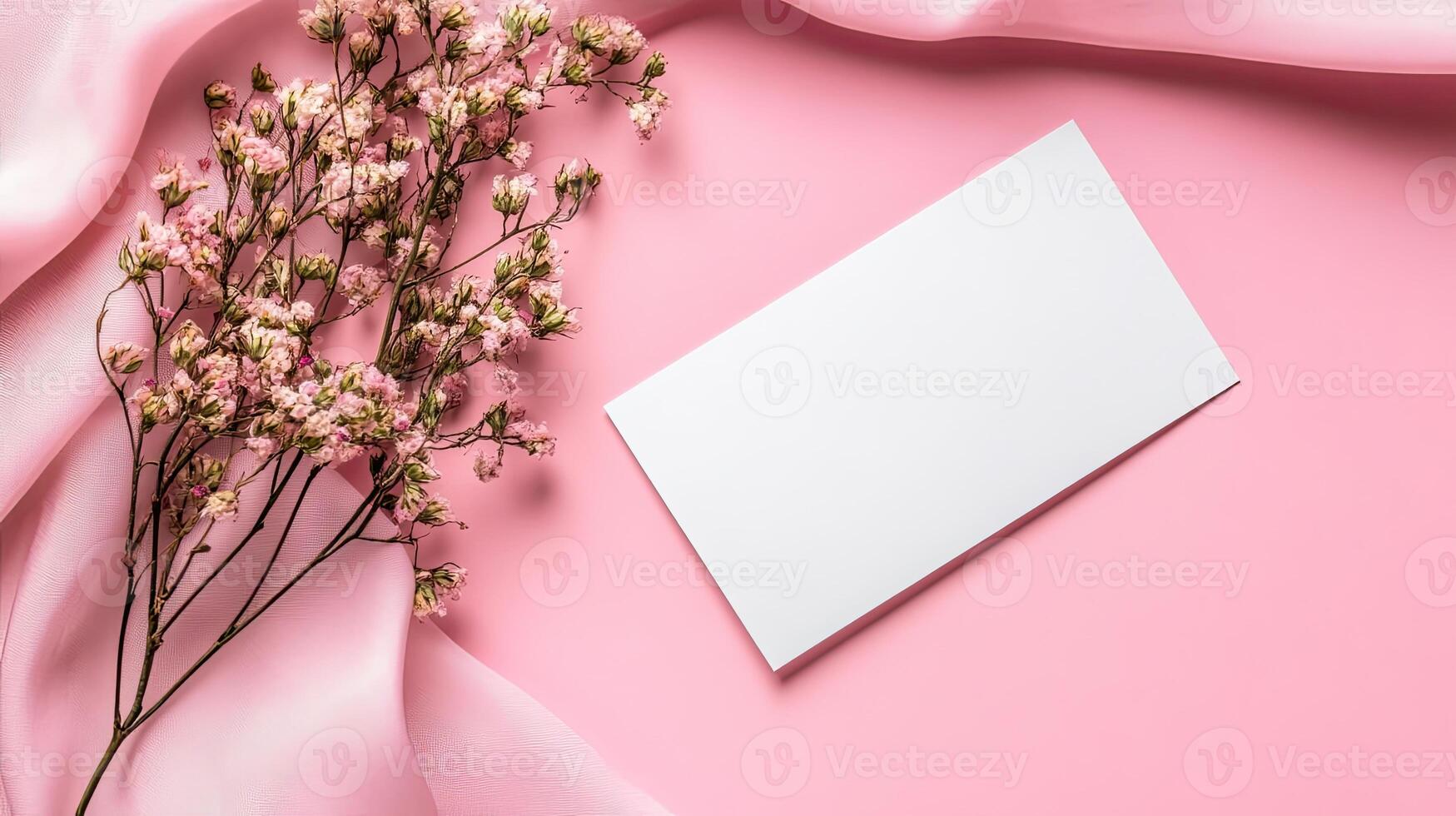 Blank card on pink background with flowers photo