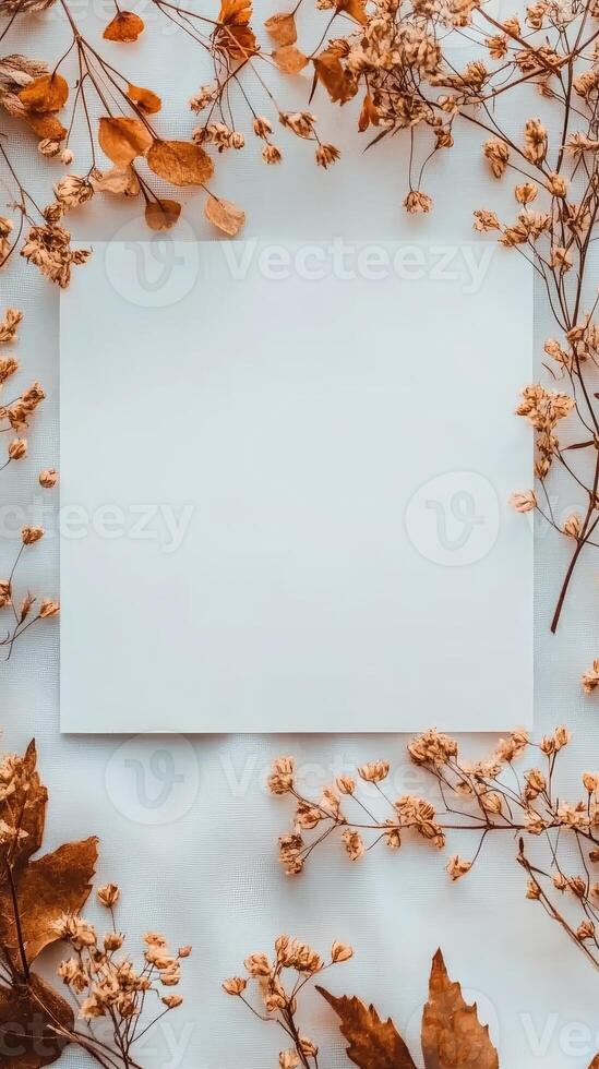 Autumn leaves and paper on white background photo