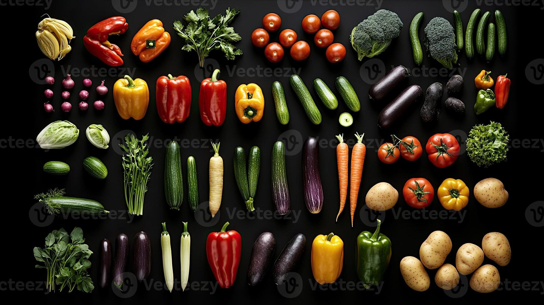 A large assortment of vegetables and fruits on a black background photo