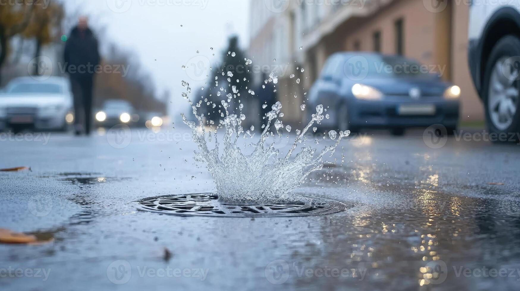 A man is standing next to a drain with water coming out photo