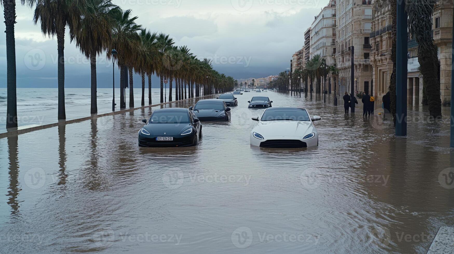 Cars are submerged in flood water on a street photo