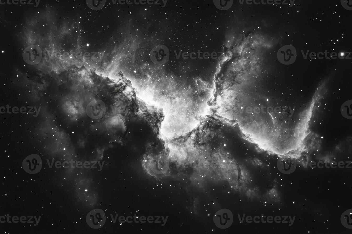 The nebula is shown in black and white photo