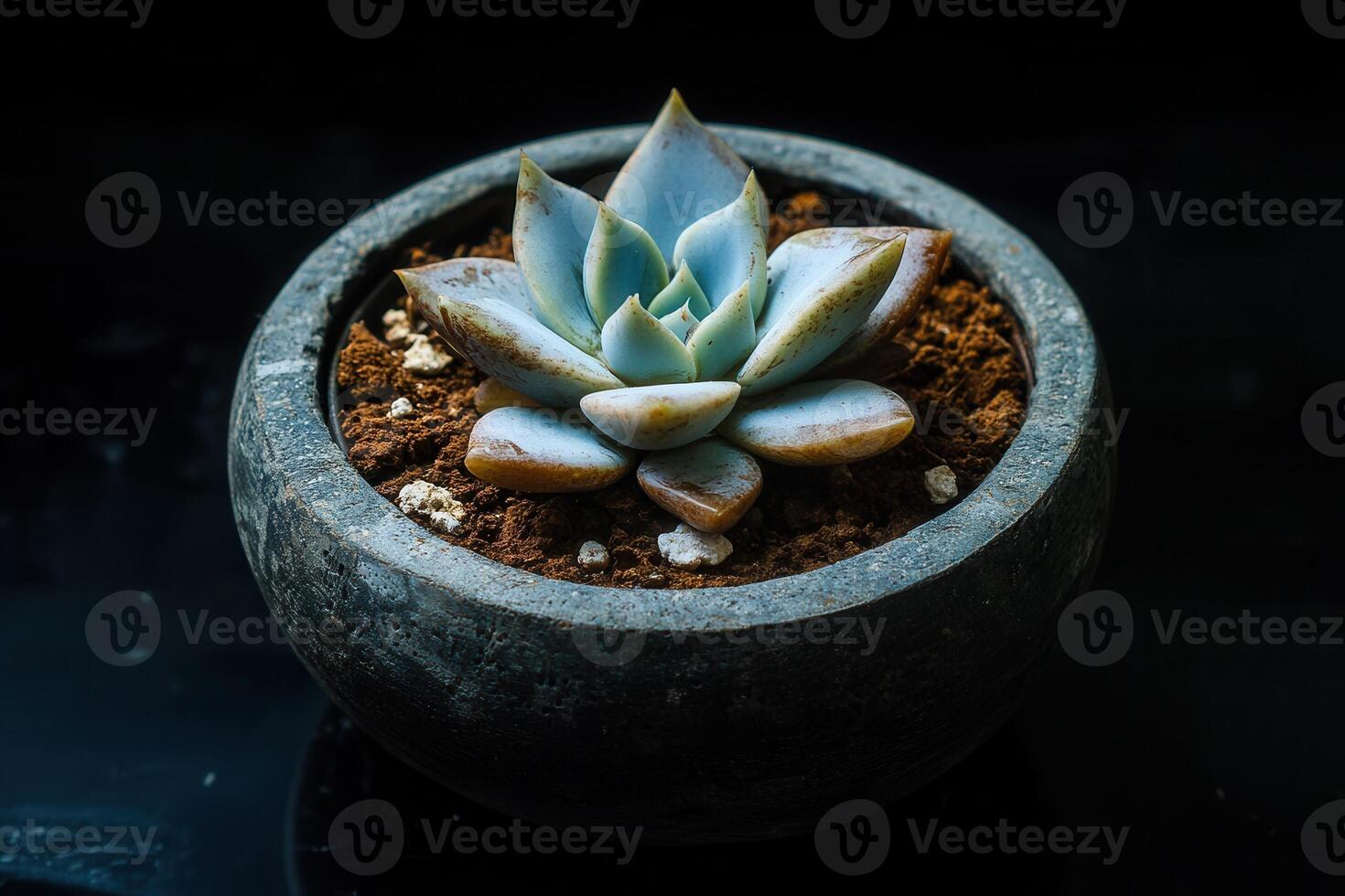 Succulent plant in a textured pot on a dark surface. photo