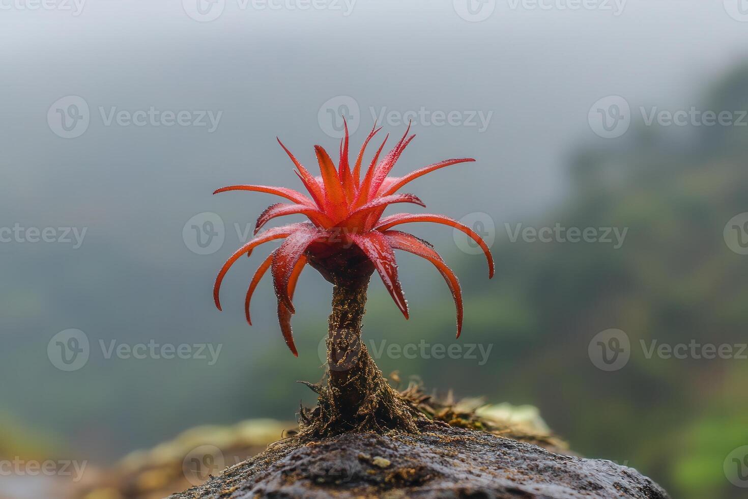 Vibrant red plant emerging from rocky terrain. photo