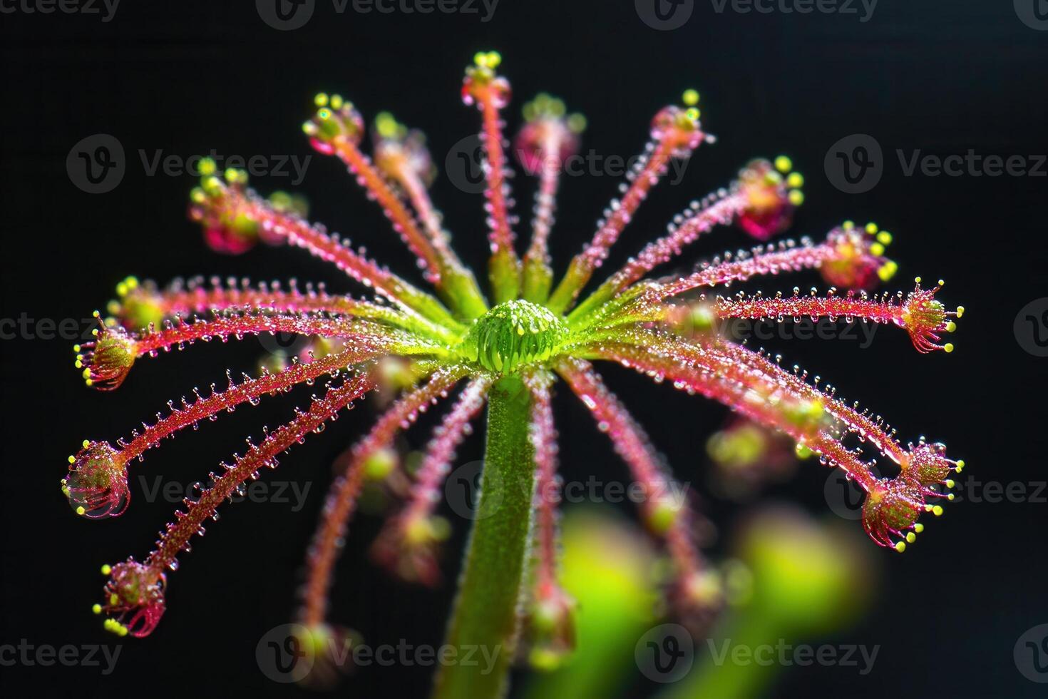 Close-up of a vibrant carnivorous plant with dew droplets. photo