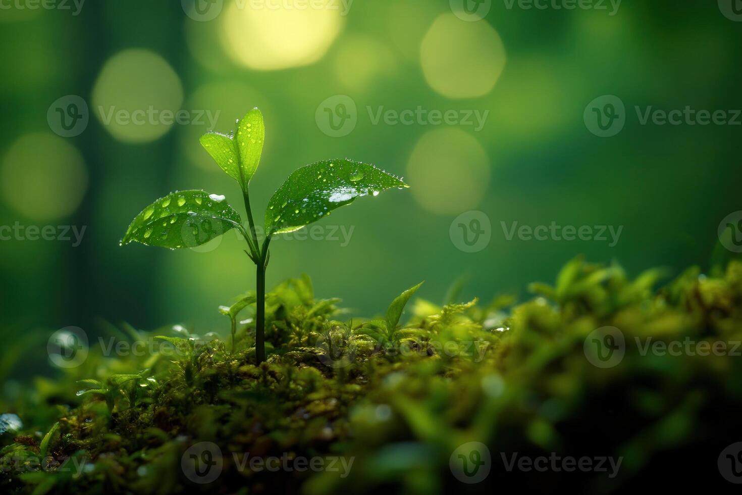 A young plant sprouting on moss in a lush forest. photo