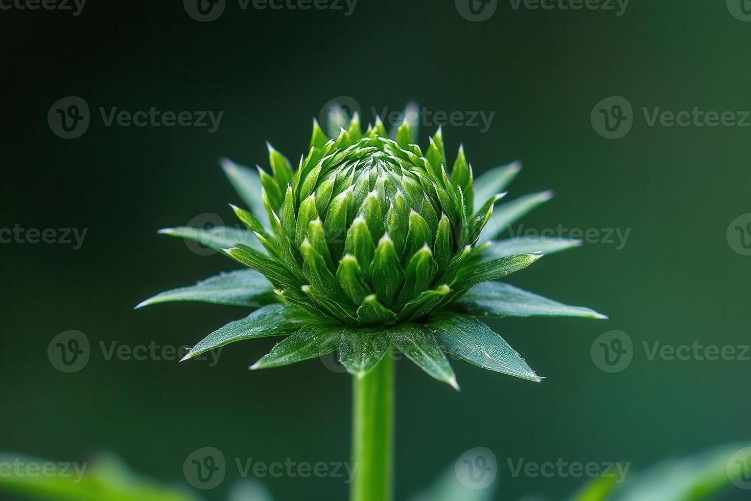 Close-up of a green flower bud with pointed leaves. photo