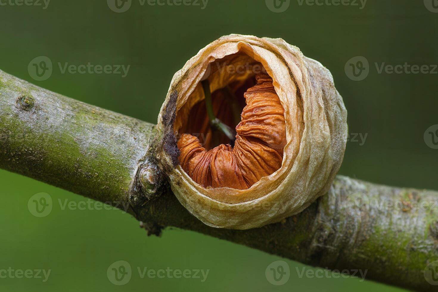 Close-up of a curled seed pod on a branch. photo