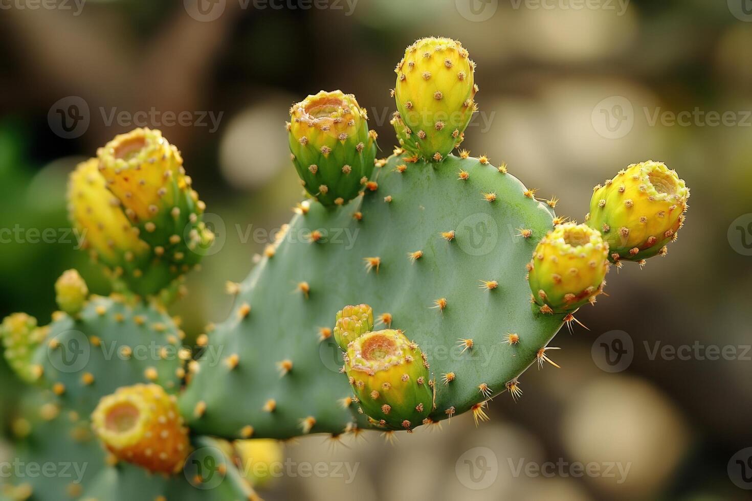 Close-up of a cactus with yellow fruit and spines. photo