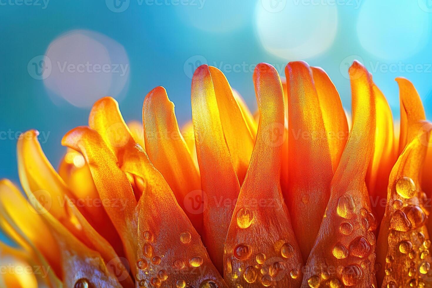 Close-up of vibrant orange flower petals with droplets. photo