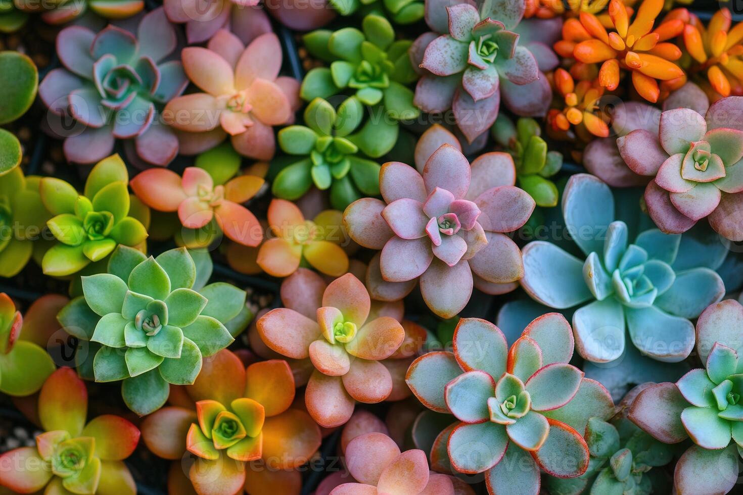 Colorful arrangement of various succulent plants. photo