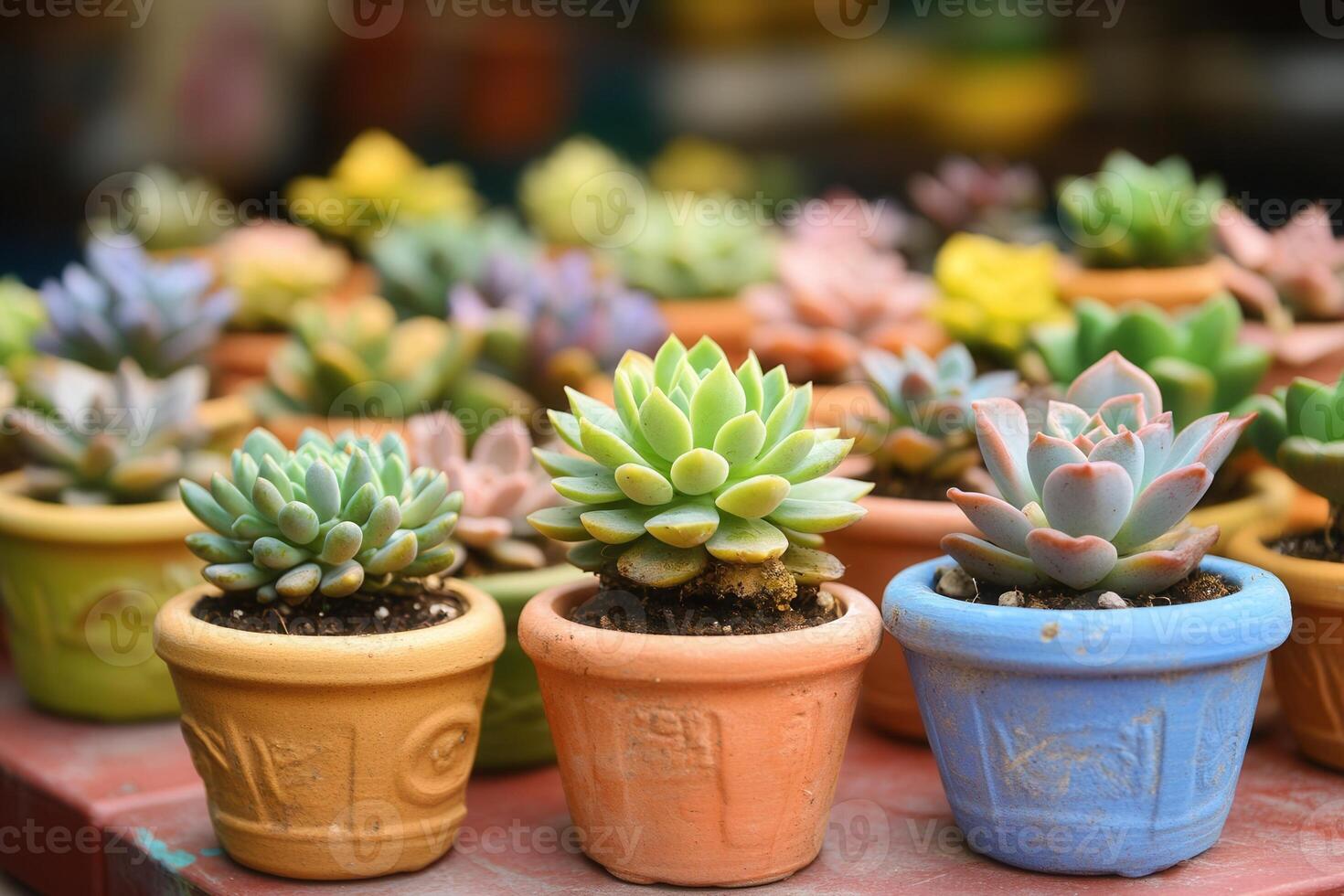 Colorful succulents in decorative pots for gardening. photo