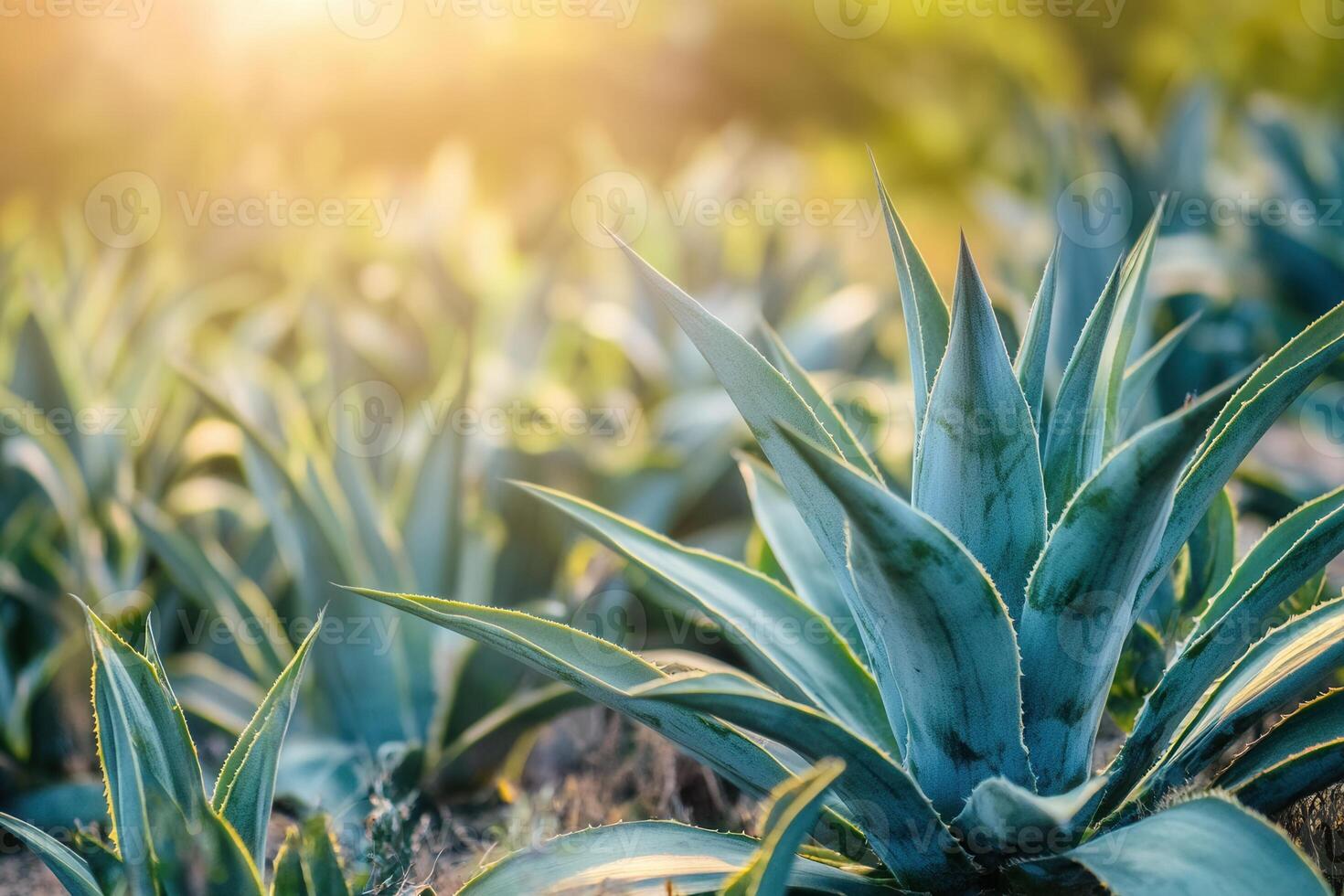 Lush agave plants in a sunlit field. photo
