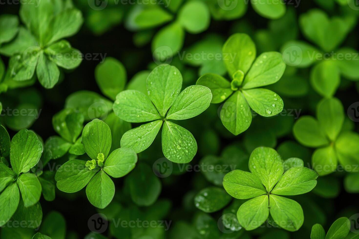 Lush green clover leaves with droplets of water. photo