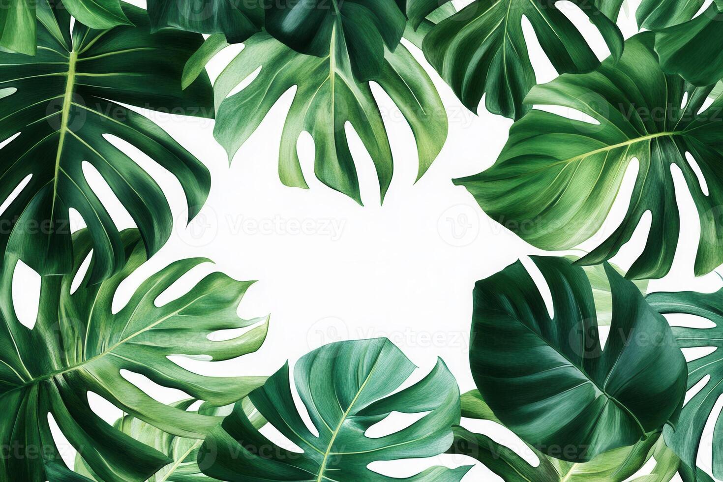 Lush green leaves frame a blank space for design. photo