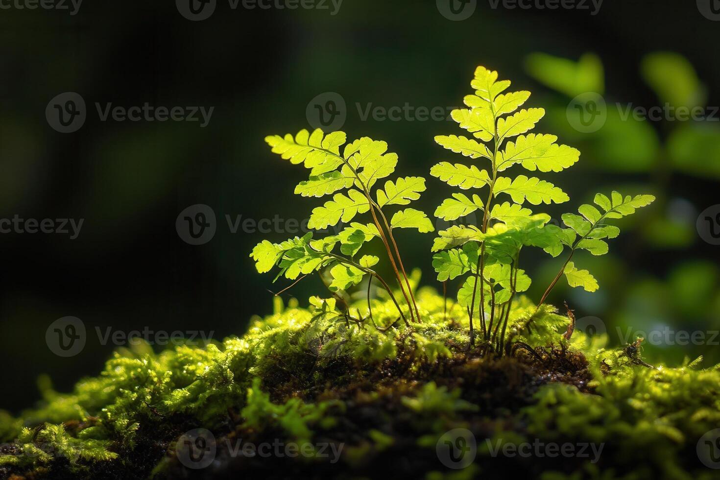 Lush ferns illuminated on a mossy surface. photo