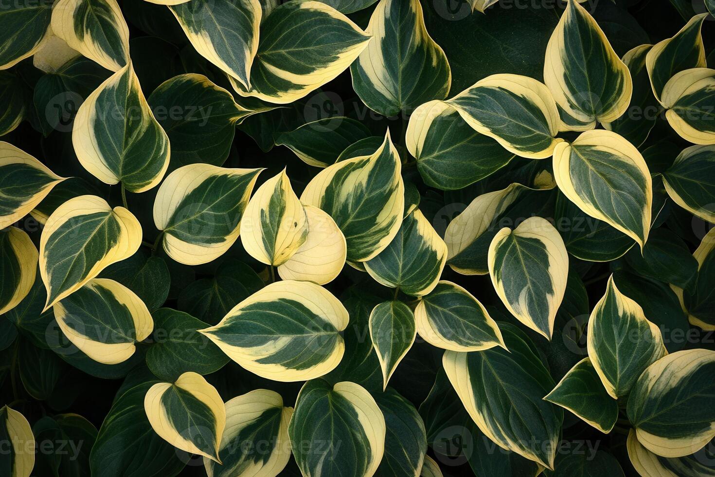 Lush green and yellow variegated leaves in a natural pattern. photo