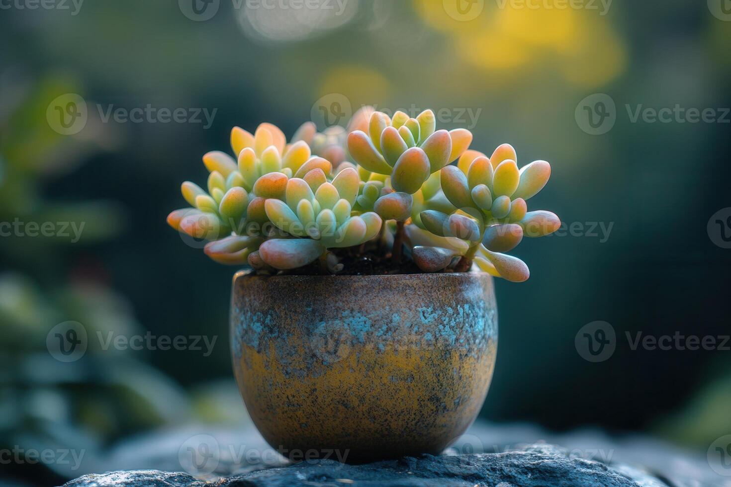 Succulent plant in a rustic pot on a stone surface. photo