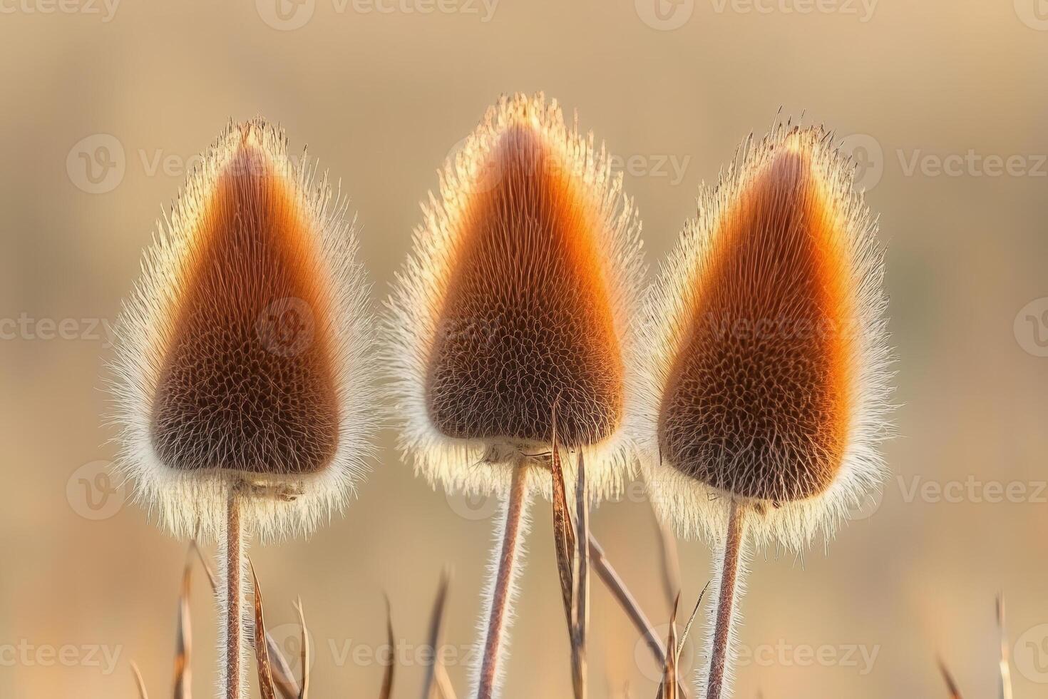 Three mushrooms with fuzzy caps in soft lighting. photo